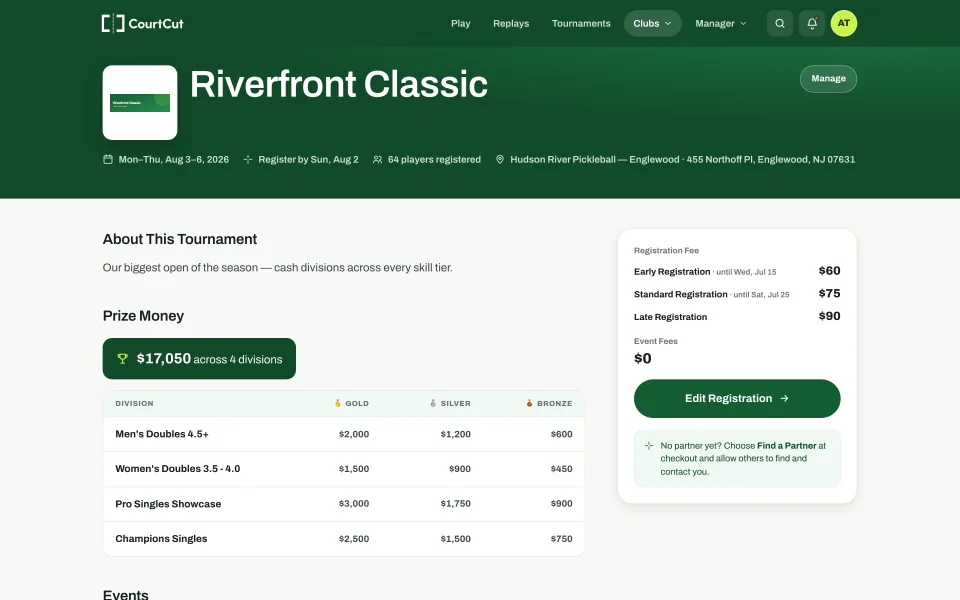 A CourtCut tournament page with prize money, divisions, and registration fees