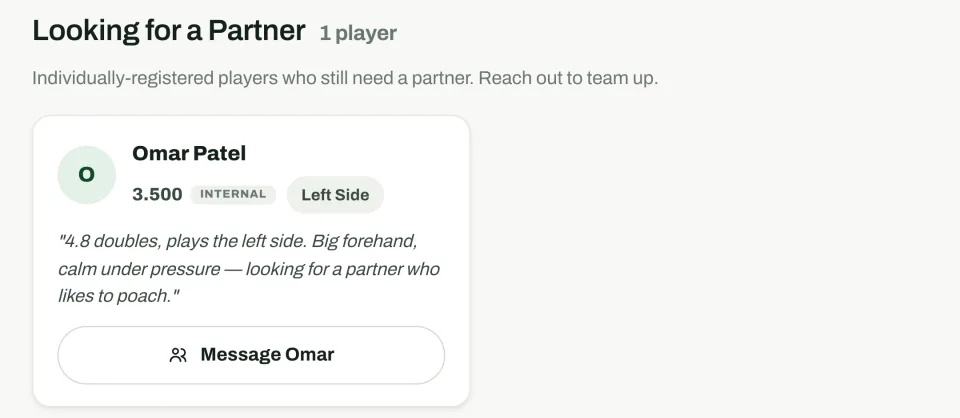 A player listed as looking for a partner, with rating, side preference, and a message button