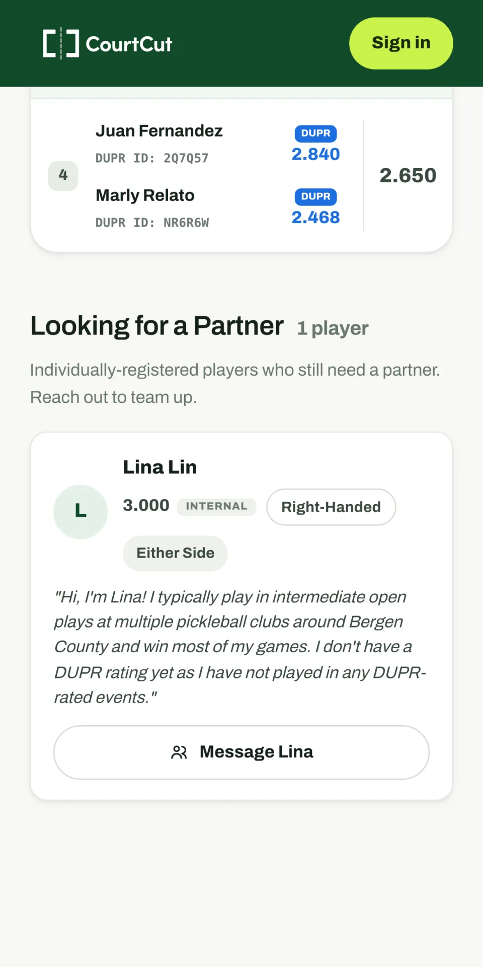 Event page on a phone with DUPR-rated teams and a player looking for a partner