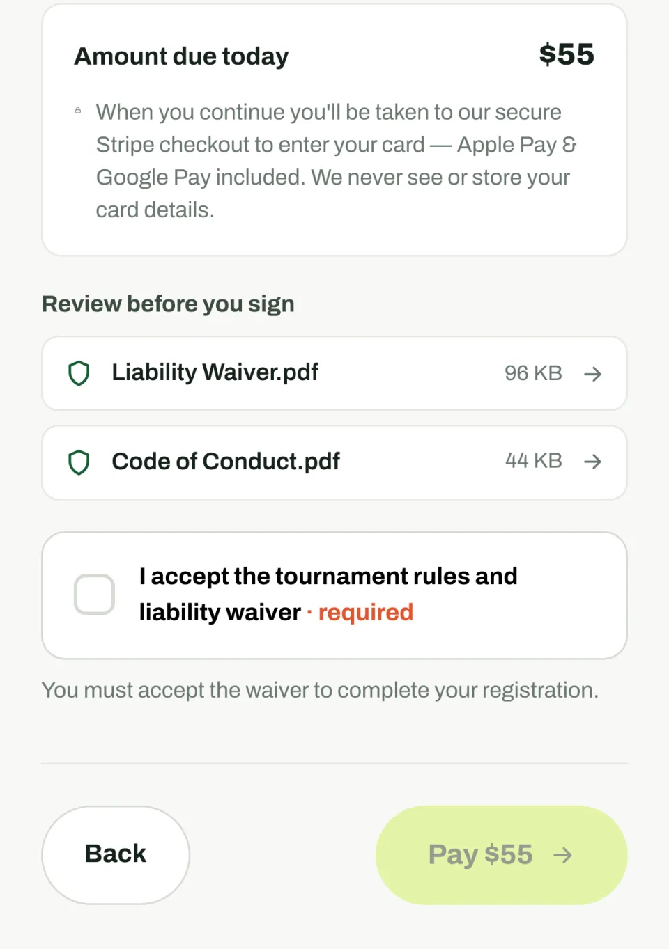 Checkout step with amount due and secure Stripe payment